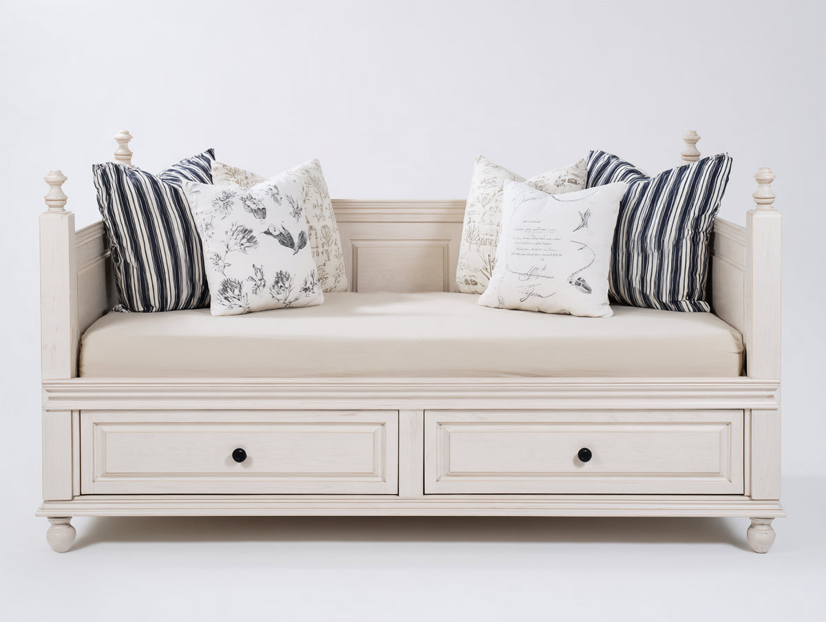 Canapé lit - Bois-Tissu - 202x93x94 cm - Blanc cassé - Style classique avec rangement intégré