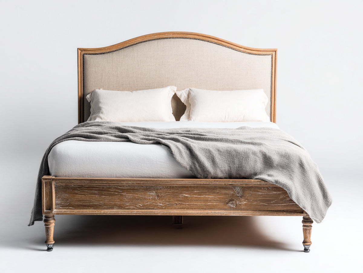 Lit double - Bois-Tissu - 210x170x140 cm - Marron-Beige - Style classique avec tête de lit rembourrée