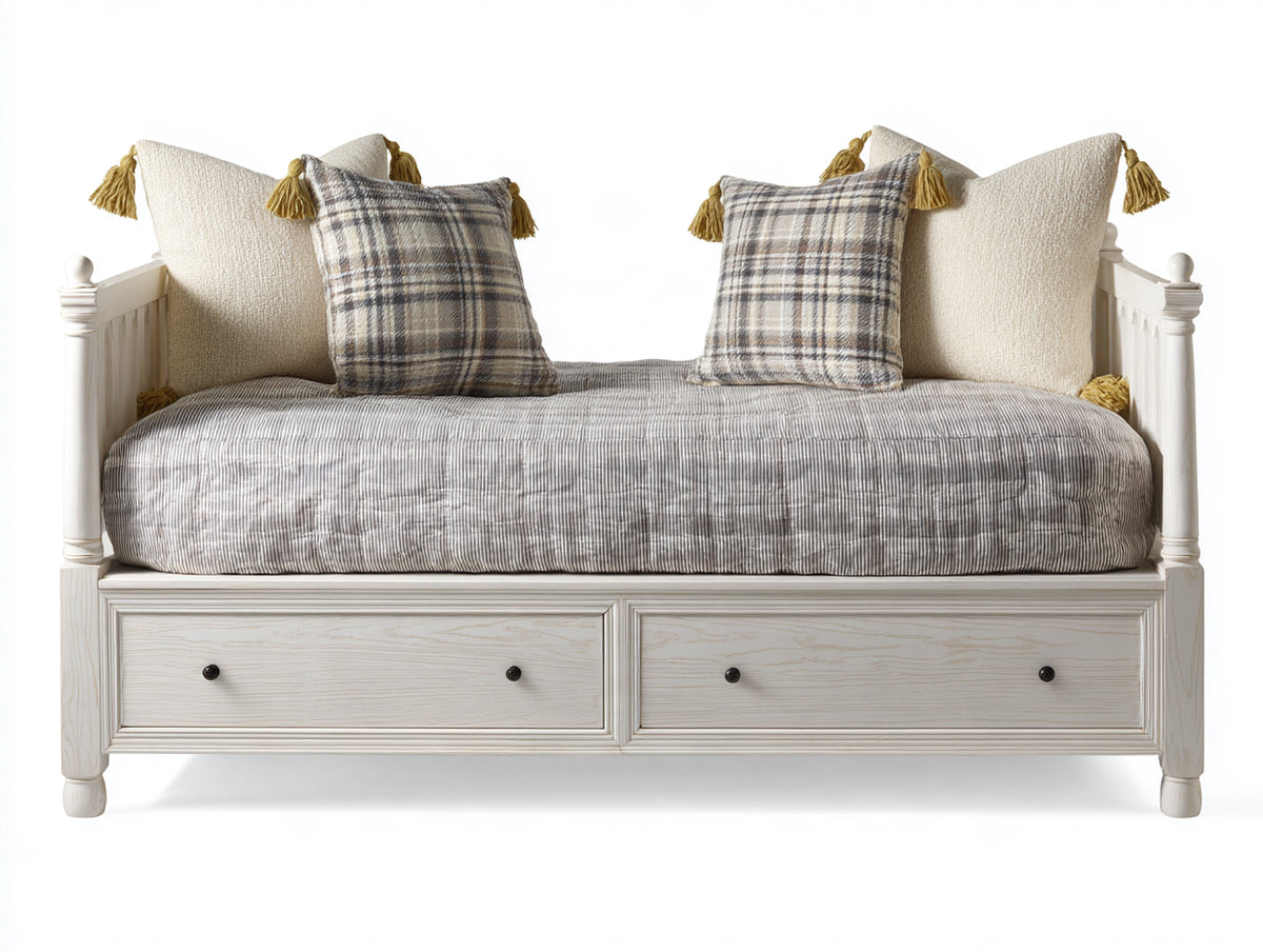 Canapé lit - Bois-Tissu - 194x90x87 cm - Blanc cassé - Style classique avec rangement inférieur