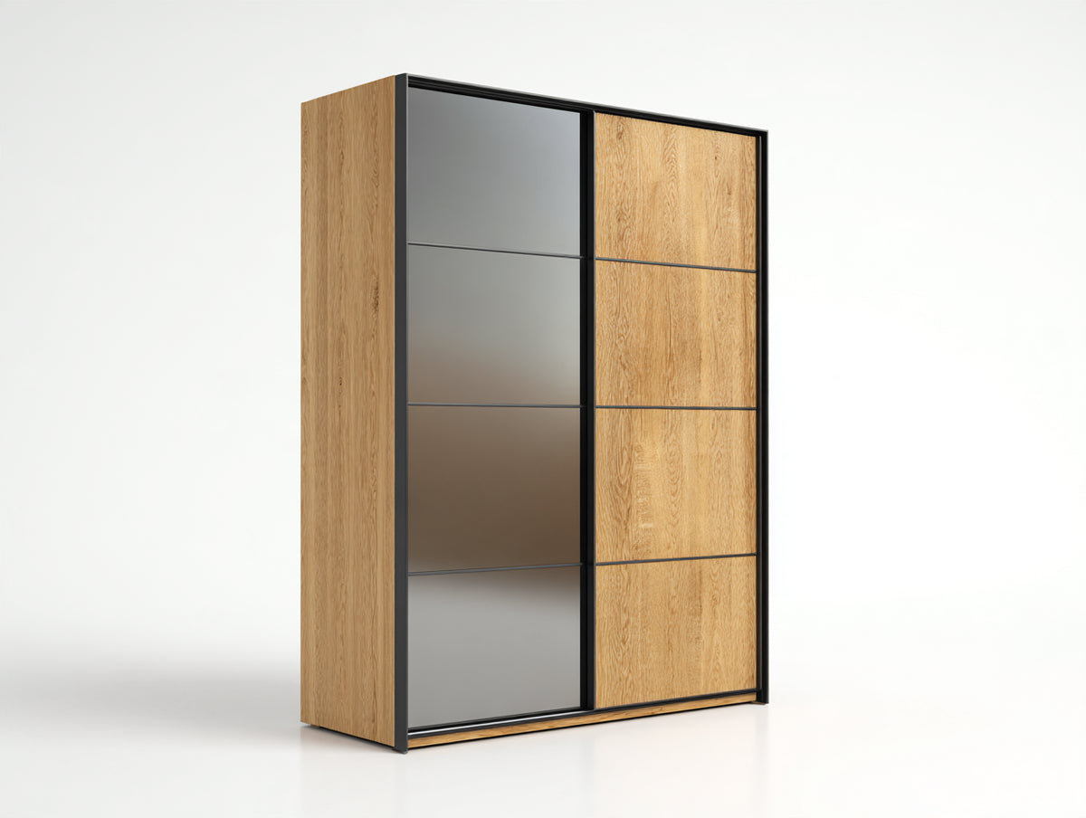 Armoire à portes coulissantes - bois-verre-métal - 180x60x205 cm - chêne clair-noir - style contemporain