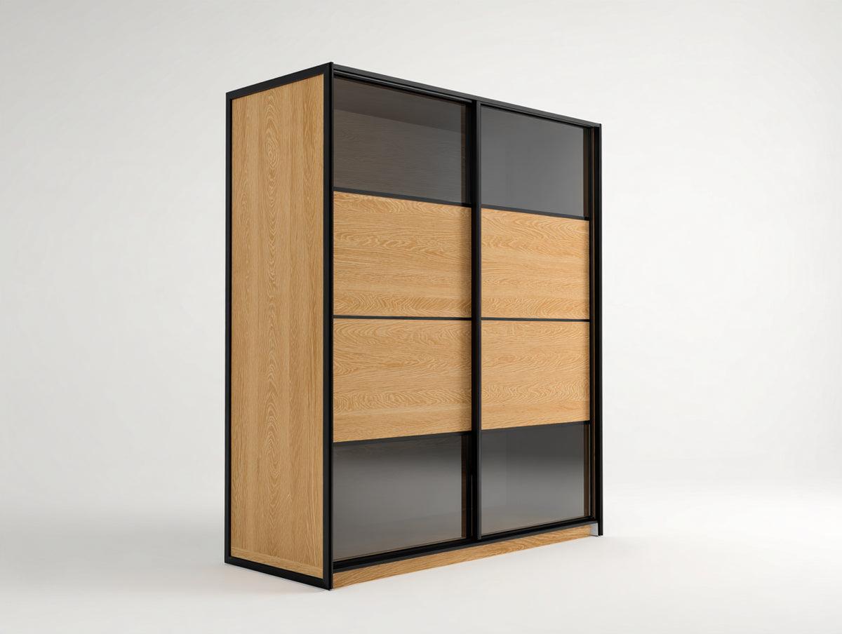Armoire à portes coulissantes - bois-verre-métal - 185x60x205 cm - chêne clair-noir - style contemporain