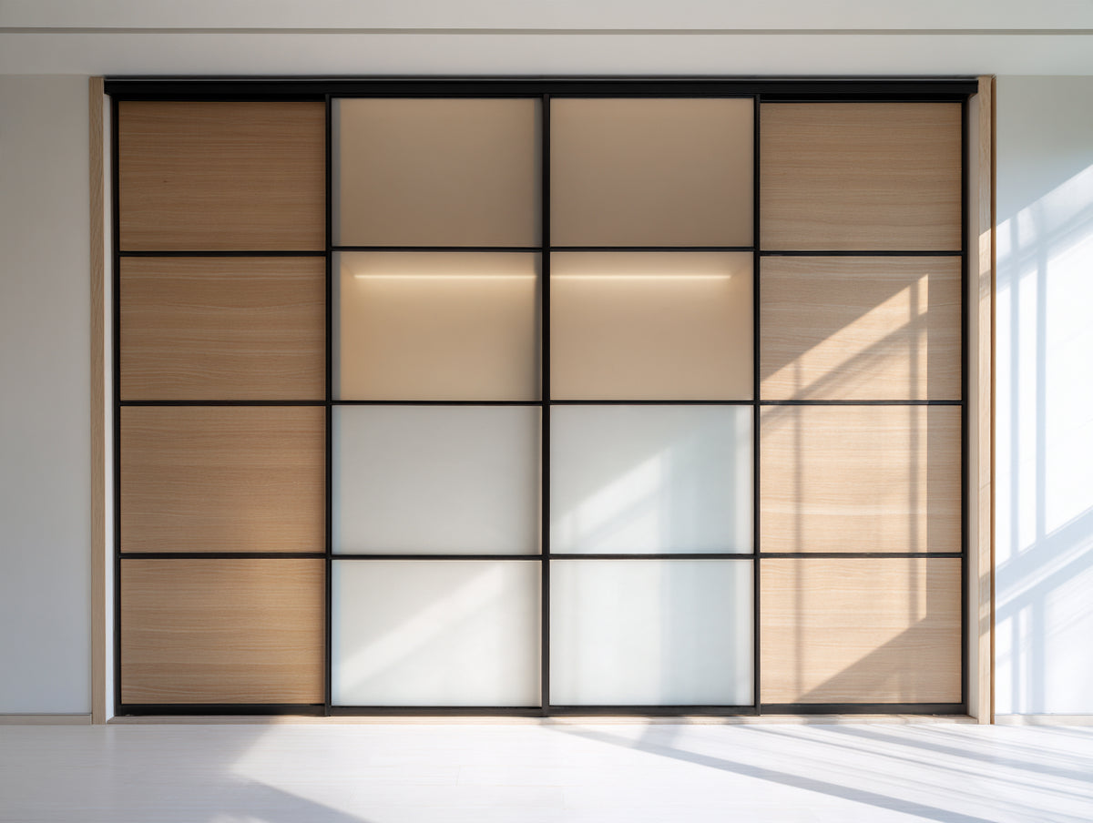 Armoire à portes coulissantes - bois-verre-métal - 240x65x220 cm - chêne clair-noir-blanc - style minimaliste