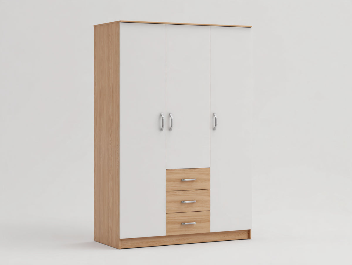 Armoire 3 portes - bois-panneaux - 152x56x202 cm - blanc-chêne clair - style minimaliste