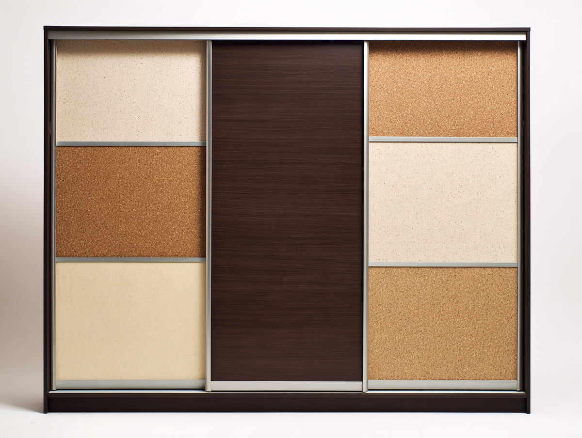 Armoire à portes coulissantes - bois-panneaux-métal - 218x62x208 cm - brun foncé-beige - style contemporain
