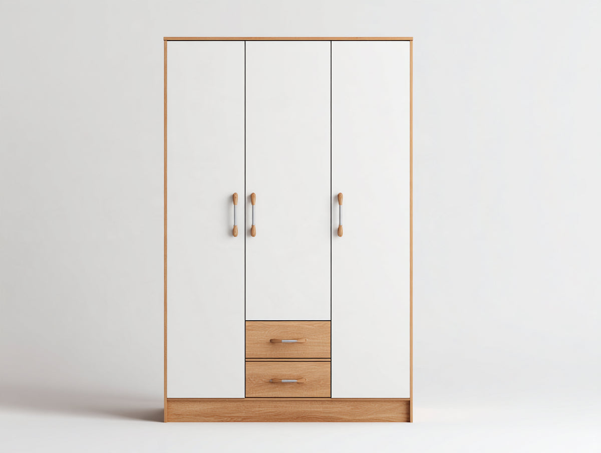 Armoire 3 portes - bois-panneaux - 148x54x200 cm - blanc-chêne clair - style scandinave